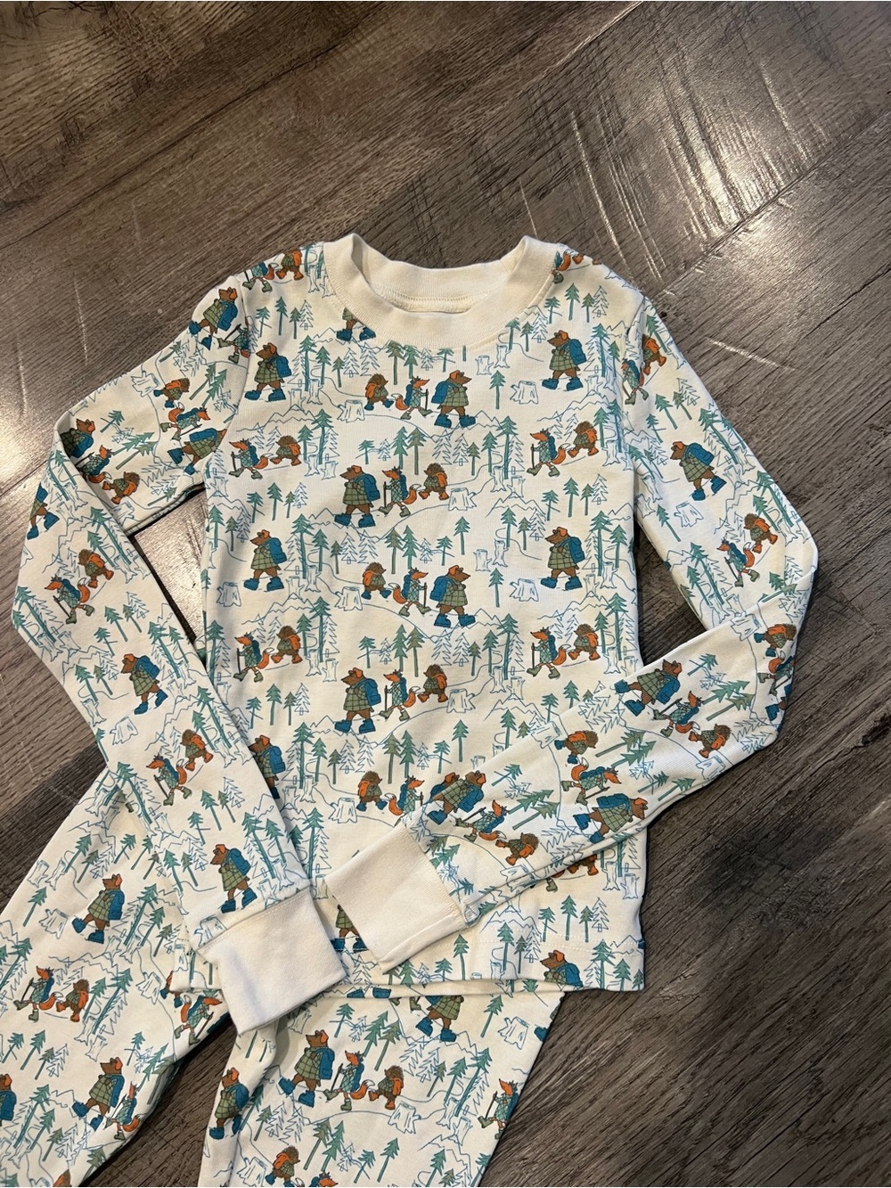 L.L. Bean Kids Cream Pajama Set with Teal and Brown Forest Print - Picture 3 of 5